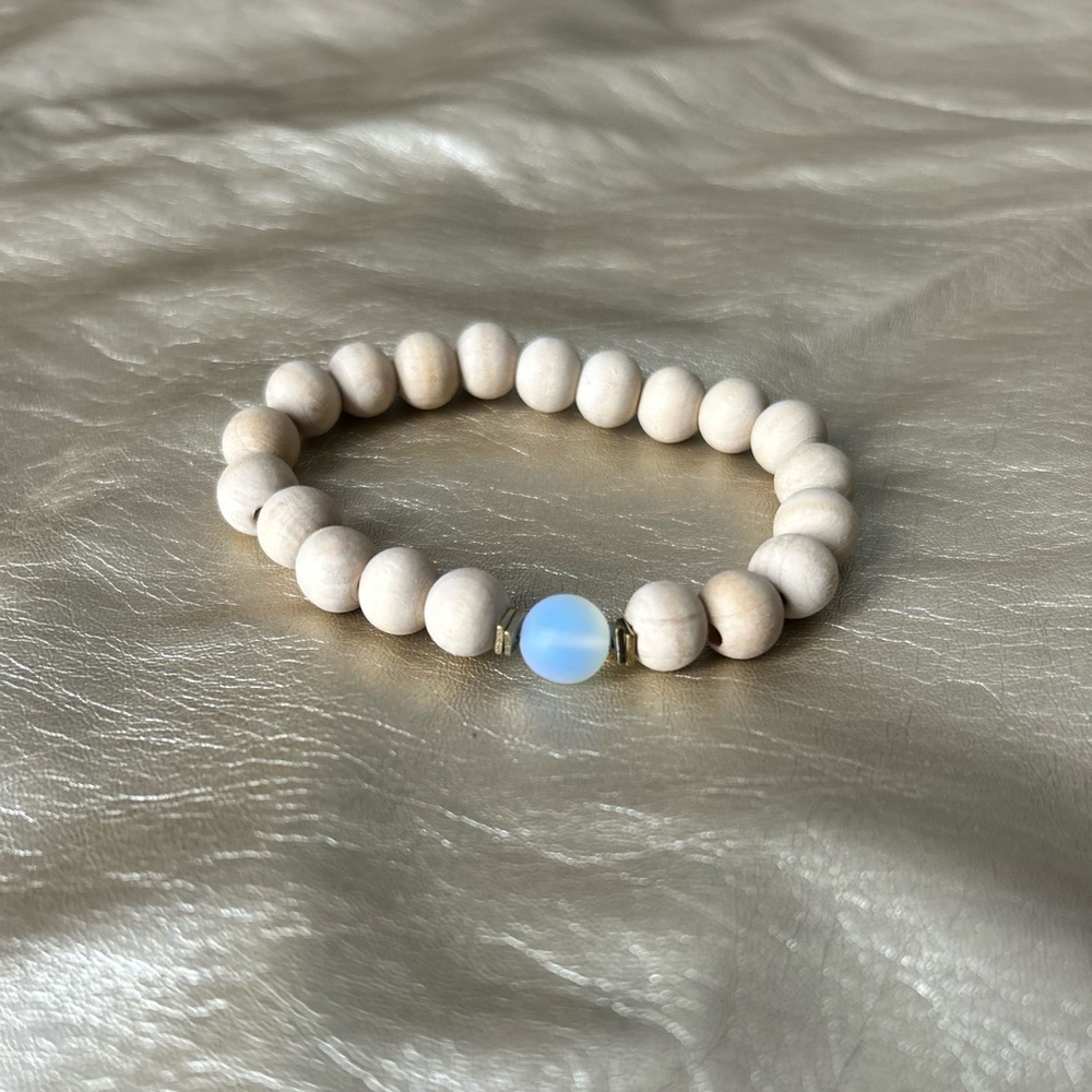 Elegant wood Beaded Bracelet with glowing opalite crystal Accent